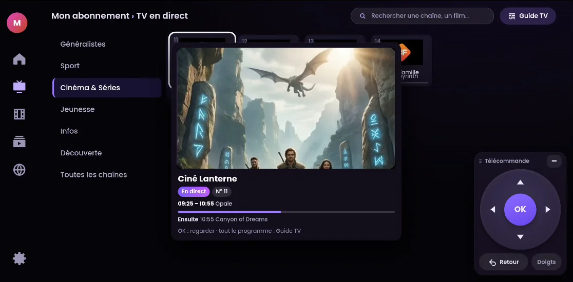 Mode TV sur téléphone, avec la télécommande à l'écran