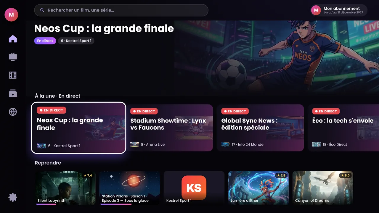 Interface TV de Kuro-Stream : accueil